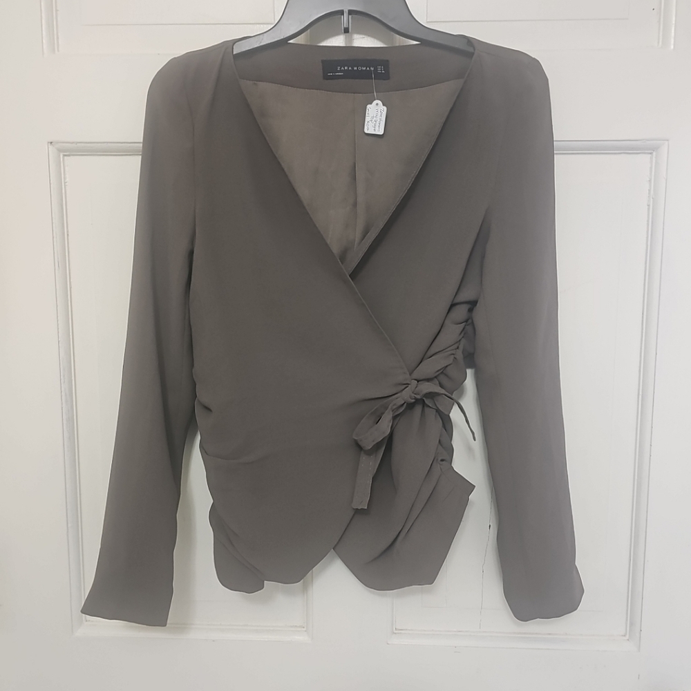 Zara Elegant Women's Wrap Blouse - Brown/Gray VEUC